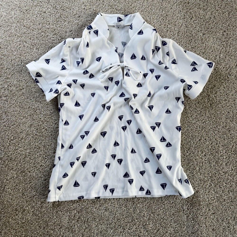 Vintage 70s 80s Jane Holly Blouse Womens 16 White Sailboat Nautical Collared Top